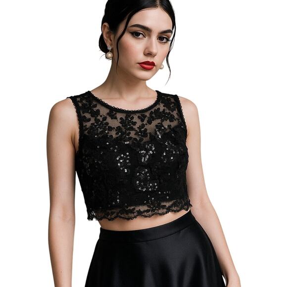 Y2K B.Darlin Sequin Lace Crop Womens Top Sz 5/6 Gothic Whimsigoth Coquette Vampy - Picture 1 of 12